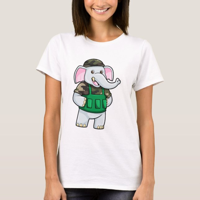 T-shirt L'éléphant comme soldat avec uniforme et casque (Devant)
