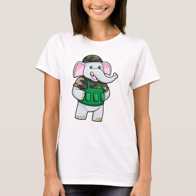 T-shirt L'éléphant comme soldat avec uniforme et casque (Devant)