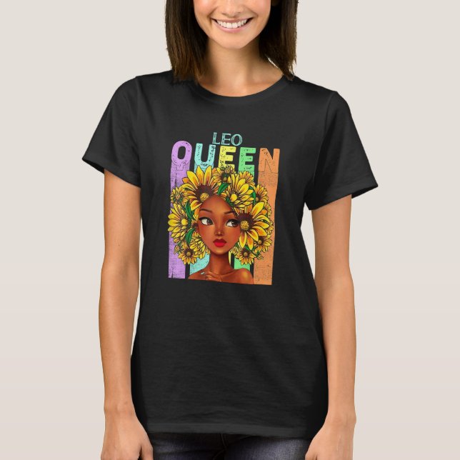 T-shirt Leo Reine Tournesol Fille Noire Femme de cheveux n (Devant)