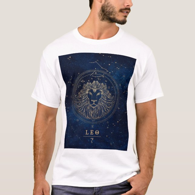 T-shirt Leo Zodiac Constellation Lion in Faux-Gold on Nigh (Devant)