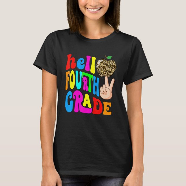 T-shirt Leopard Apple Hello 4th Grade Teacher Kids Back To (Devant)