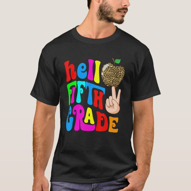T-shirt Leopard Apple Hello 5th Grade Teacher Kids Back To (Devant)