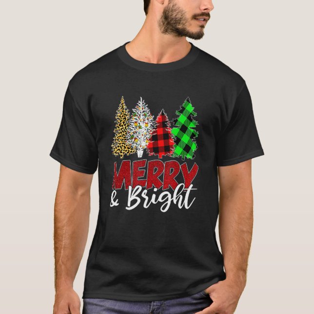 T-shirt Leopard Buffalo Plaid Merry And Bright Christmas T (Devant)
