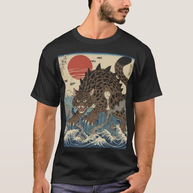 T-shirt Leopard Kaiju Ukiyo-e Wave (Devant)