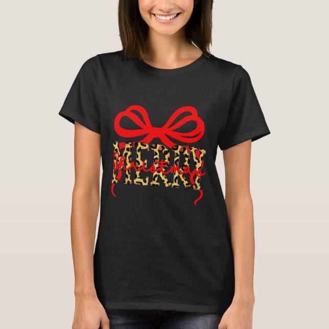 T-shirt Leopard Merry Christmas Coquette Bow Xmas Holiday  (Devant)