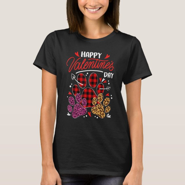 T-shirt Leopard Plaid Dog Cat Paw Print Happy Valentines D (Devant)