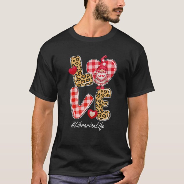 T-shirt Leopard Plaid Heart LOVE Librarian Life Gnome Vale (Devant)