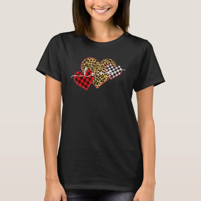 T-shirt Leopard Print Buffalo Plaid Love Valentines Day He (Devant)