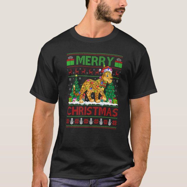 T-shirt Leopard  Xmas Tree Lights Ugly Santa Leopard Chris (Devant)