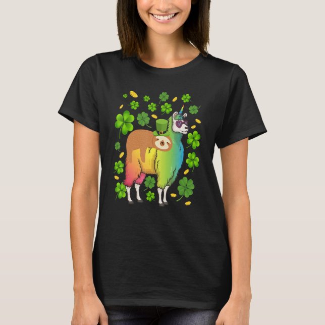 T-shirt Leprechaun Sloth Riding Llama Unicorn St Patricks  (Devant)