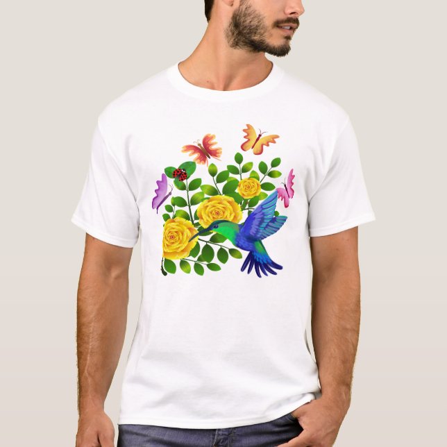 T-shirt Les papillons et les colibris survolent un bea (Devant)