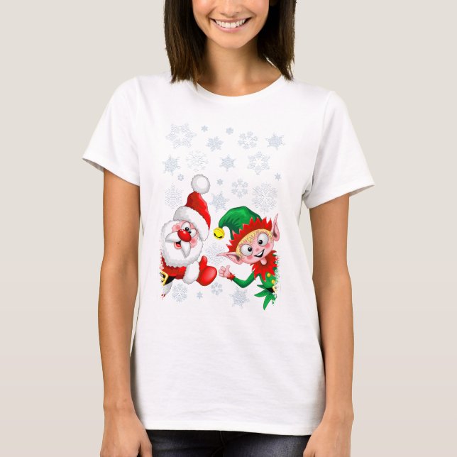 T-shirt Les personnages de Noël de père Noël et Elf (Devant)