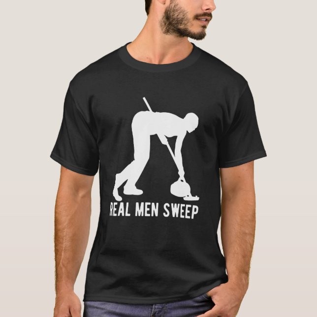 T-shirt Les vrais hommes balaient Curling Curler glace Cur (Devant)