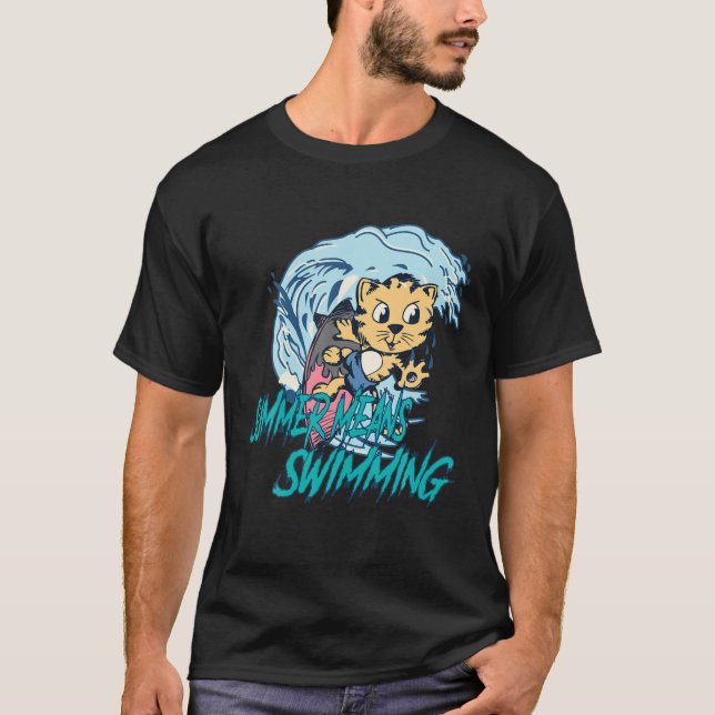 T-shirt L'Été Signifie Nager - Chat Avec Surf Et Wav (Devant)