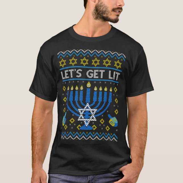 T-shirt Let's Get Lit Funny Jewish Holiday Chanukah Ugly H (Devant)