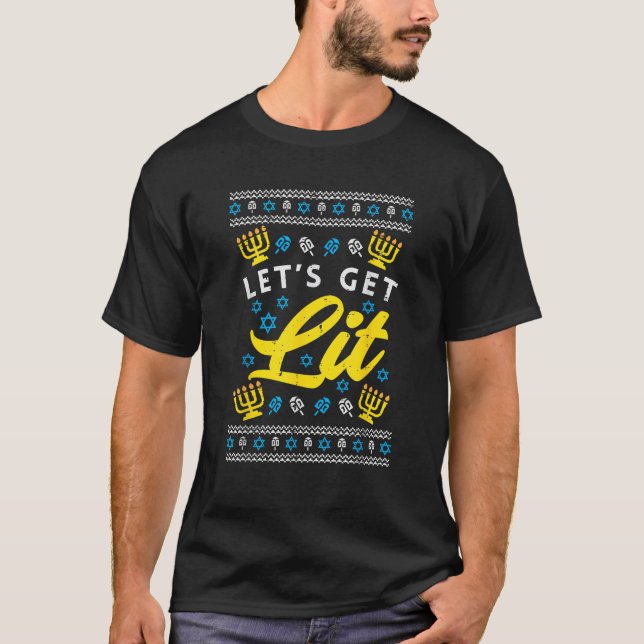 T-shirt Lets Get Lit Menorah Jewish Pun Ugly Hanukkah Chan (Devant)