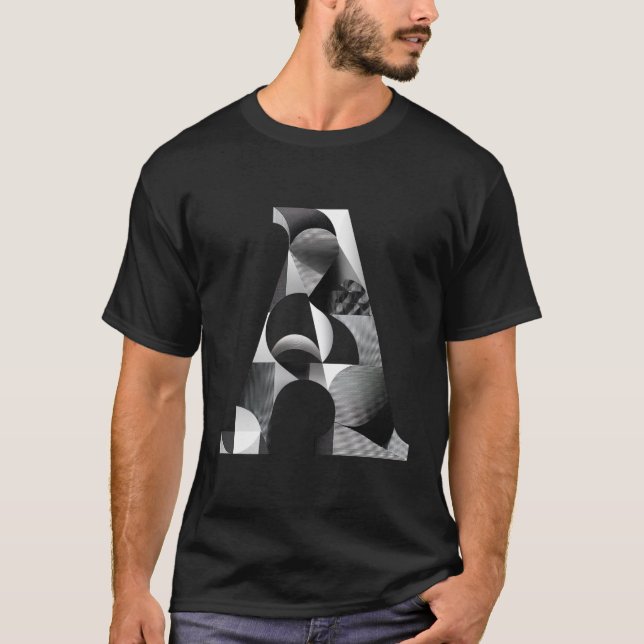 T-shirt Letter A – Monochrome Op-Art Linework on Black (Devant)