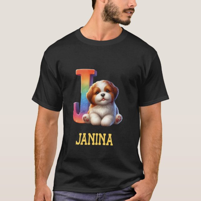 T-shirt Lettre Chiens mignons Janina Nom Chien arc-en-ciel (Devant)