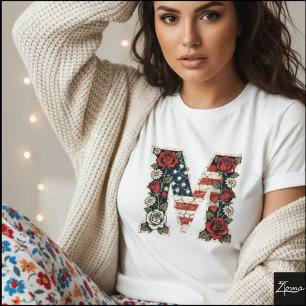T-shirt Lettre drapeau M Roses Marguerites Monogramme