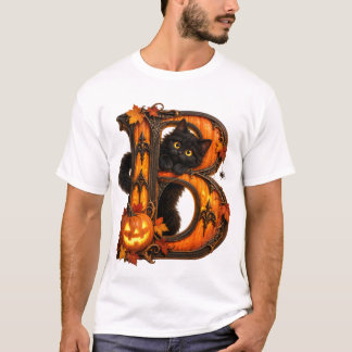 T-shirt Lettre gothique B Citrouille d'Halloween & Chat No