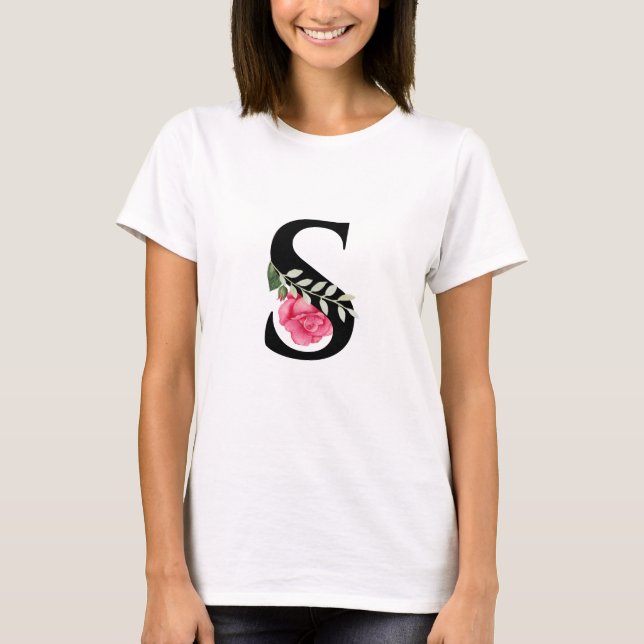 T-shirt Lettre initiale S en noir avec rose (Devant)