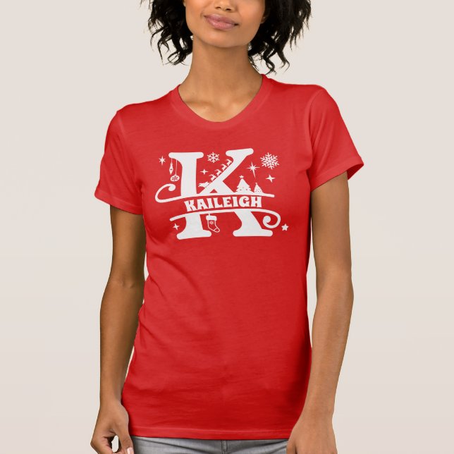 T-shirt Lettre K Noël Monogramme Nom initial Rouge (Devant)