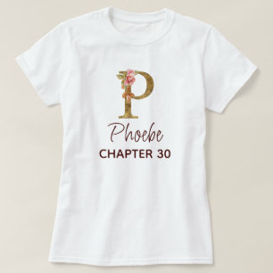T-shirt Lettre P Monogramme Or Roses Rose Clair Anniversai