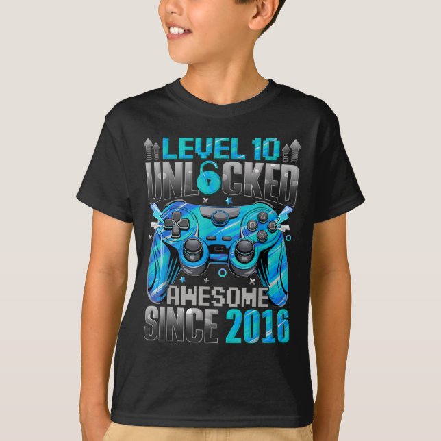 T-shirt Level 10 Unlocked Awesome Since 2016 10th Birthday (Devant)