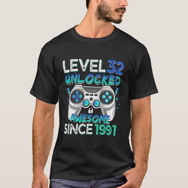 T-shirt Level 32 Unlocked Awesome Since 1991 32Th Gaming (Devant)