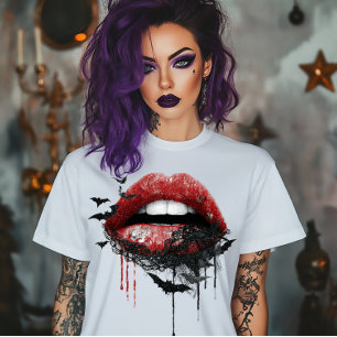 T-shirt Lèvres avec dentelle noire et chauves-souris