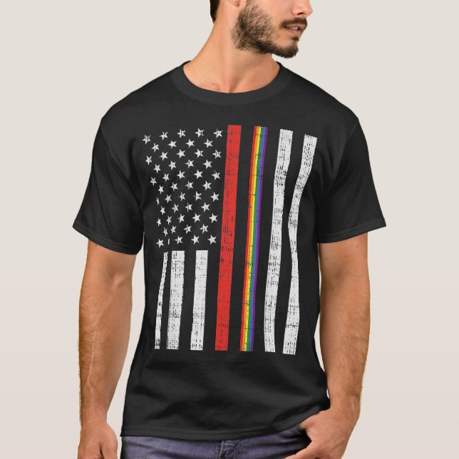 T-shirt LGBT Mince Red Line Rainbow America Drapeau Gay Fi (Devant)