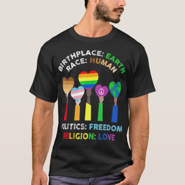 T-shirt LGBT race humaine lieu de naissance terre religion (Devant)