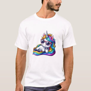 T-shirt Licorne Arc-en-Ciel Cool avec Lunettes de Soleil D