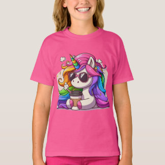 T-shirt Licorne Cool avec des Lunettes de Soleil et Café