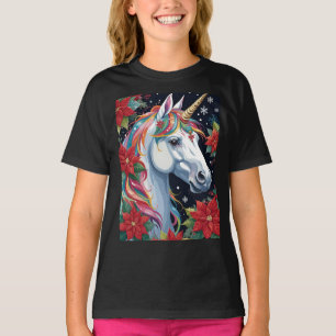 T-shirt Licorne de Noël Colorée Avec Des Poinsettias