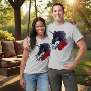 T-shirt Licorne noire fleurs de jardin de minuit violet