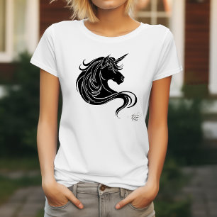 T-shirt Licorne Tribale Noire Fantastique Minimaliste Blan