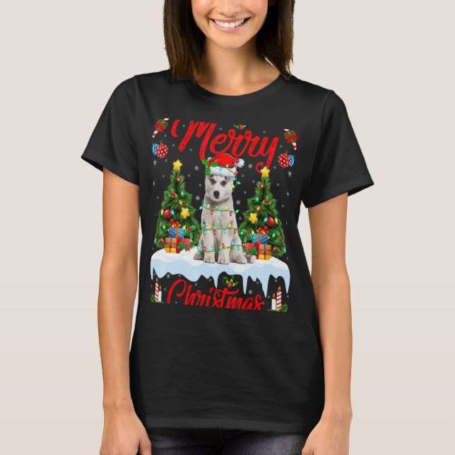 T-shirt Lights Xmas Tree Santa Siberian Husky Dog Christma (Devant)