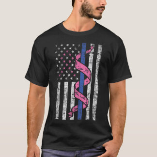T-shirt Ligne bleue Police US Drapeau rose Ruban Cancer du