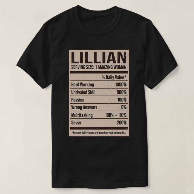 T-shirt Lillian Nutrition Facts Nom Pseudo Alias Titre (Design devant)