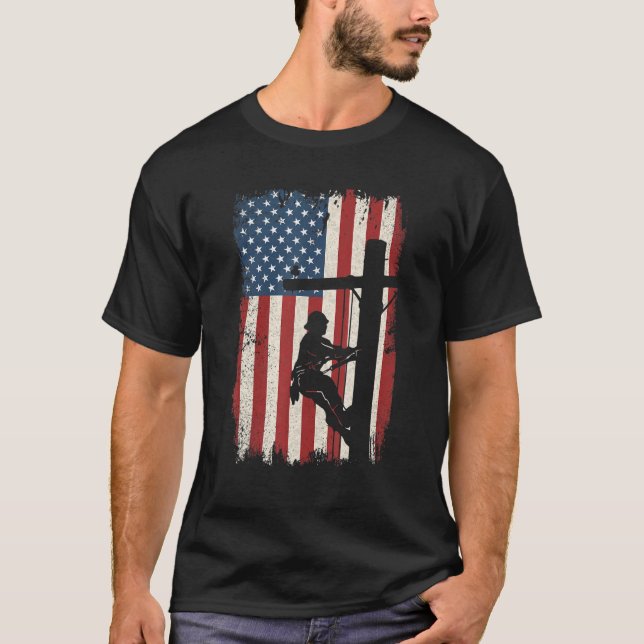 T-shirt Lineman American Flag Electric Lineworker 4th Of J (Devant)