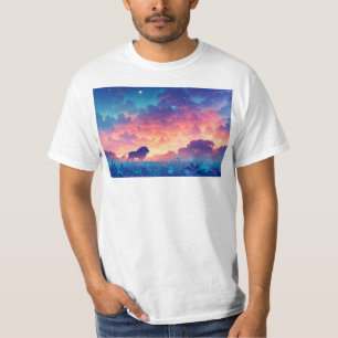 T-shirt Lion dans un champ de teintes de coucher de soleil
