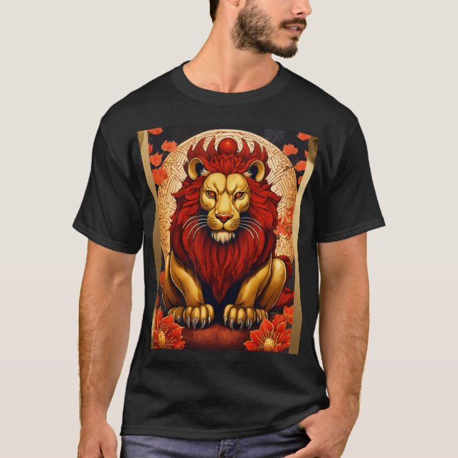 T-shirt Lion japonais rouge-or avec des lys araignées (Devant)