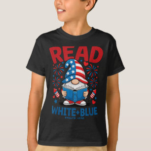 T-shirt Lire Gnome Blanc Bleu USA Lecture Feux d'Artifice