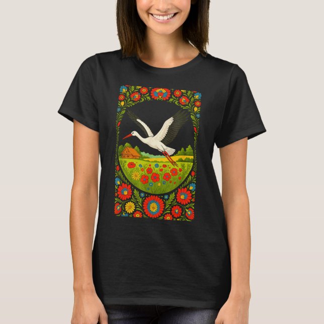 T-shirt Lish Stork Folk Art Lska Countryside Design  (Devant)