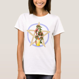 T-shirt Litha Pentagram aux roses roses, bougie jaune