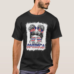 T-shirt Little Miss America Messy Bun Girl Usa Drapeau 4èm