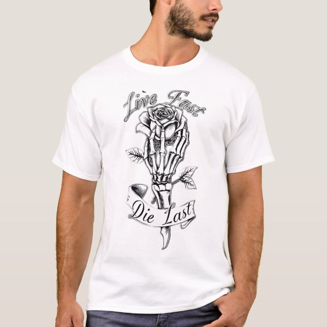 T-shirt Live Fast Die Dernier Squelette Rose main Gothique (Devant)