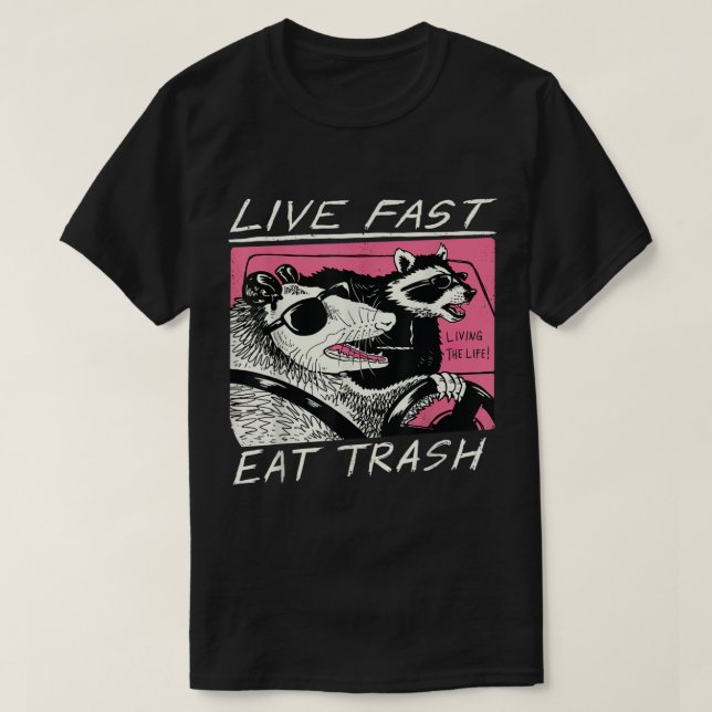 T-shirt Live Fast Eat Trash Funky Retro Raccoon Opossum (Design devant)