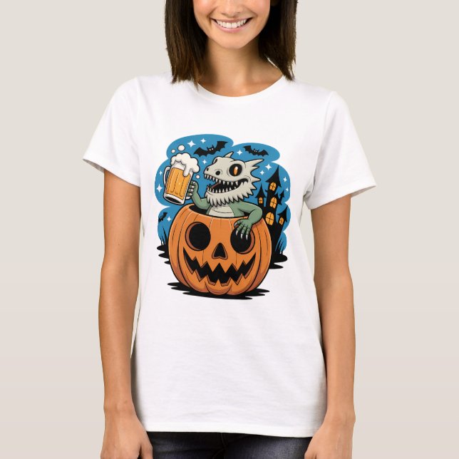 T-shirt Lizard de squelette en Citrouille avec Mug de bièr (Devant)